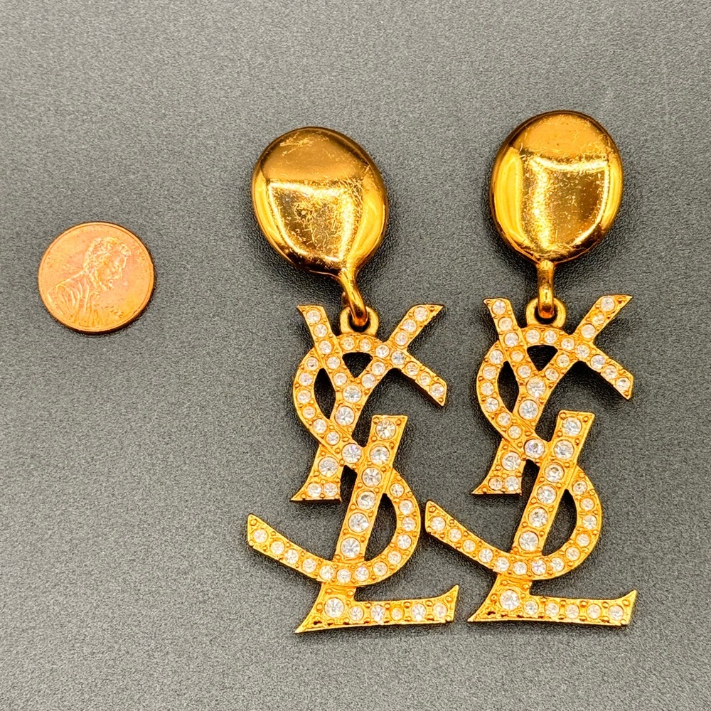 YVES SAINT LAURENT Vintage YSL Massive Diamante Logo Dangling Earrings - Picture 3 of 11